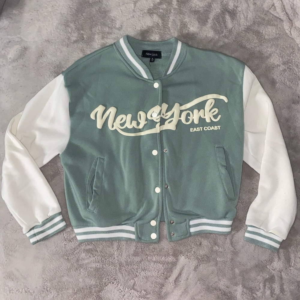 New Look - New York Patch Graphic Hooded Varsity Jacket -Creme/White/Green - S
